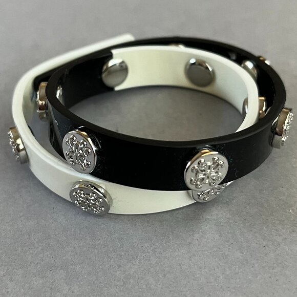 Rustic Cuff Black & White Patent Leather Double Wrap Silver Logo Bracelet - Picture 1 of 3